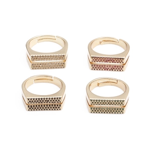 Double row micro-pave zircon rectangular rings in gold with adjustable open band set