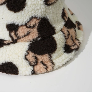 Winter warm leopard print faux lamb wool bucket hat with soft plush fleece texture