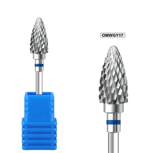 Macro detail of alloy nail drill bit OMWGY17 with blue band for manicures