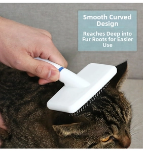 Close-up of ergonomic white pet brush grooming a tabby cat with stainless steel needles