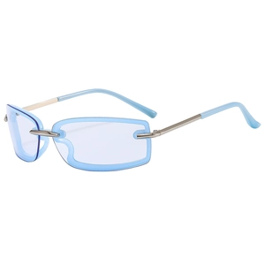 Y2K futuristic square sunglasses with light blue lenses and silver metal temples
