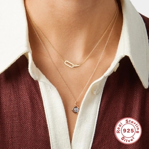 Layered S925 sterling silver necklace set with evil eye pendant and crystal paperclip chain