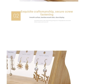 Detailed close-up of bamboo earring display stand with jewelry cards and screw fixings