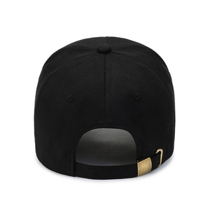 Adjustable black cotton baseball cap showing back view with bronze metal buckle closure
