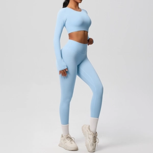 Close-up of sky blue long sleeve yoga set with breathable fabric and seamless high waist leggings