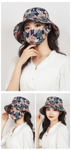 Detail view of floral sun hat with detachable face cover for outdoor protection