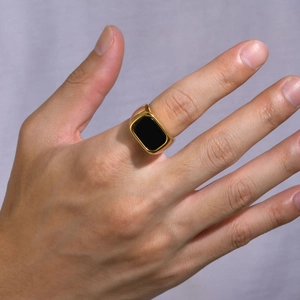Men's gold-plated stainless steel signet ring with a rectangular black glass stone inlay
