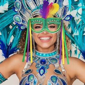 Detail of green carnival mask with colorful feathers and ribbons on a model's face