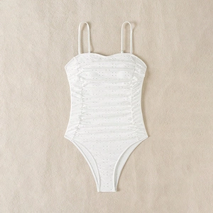 White eyelet one-piece swimsuit with thin straps and elegant ruched texture design