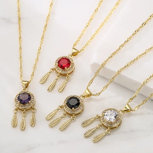 Elegant Dreamcatcher Pendant Necklace Copper Zircon Gold Plated Feather Tassel Vintage Style For Women
