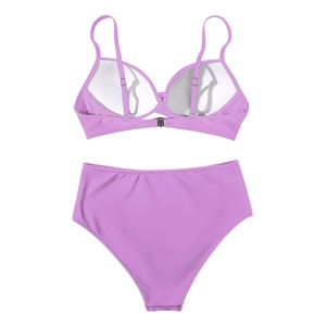 Detail view of purple two-piece bikini with high-waisted bottoms and adjustable straps