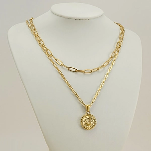 Double-layered 18K gold plated paperclip chain necklace with initial J coin pendant