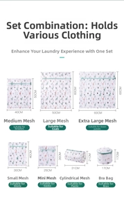 Size chart for 7-piece laundry net set with dimensions for coats and delicates