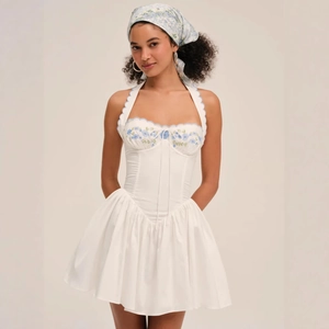 White Mini Dress Halter Neck Corset Bodice Blue Floral Embroidery Scalloped Trim Backless Puffy A-Line French Sweet Women