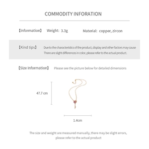 Detailed spec sheet showing pink heart zircon key necklace dimensions and 3.3g weight