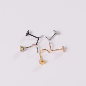 Set of five stainless steel heart-shaped nose studs in gold, silver, black and rainbow colors