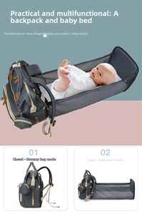 Dual-mode diaper backpack unfolding into a portable baby bed with mesh side rails