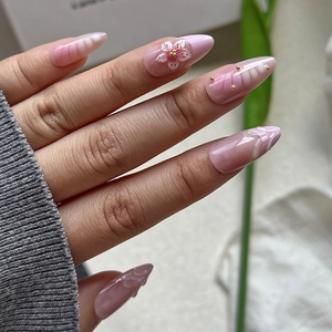 Pink 3D floral almond press on nails set with metallic beads and gradient details