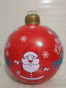 Detail of red 60cm inflatable Christmas ball with Santa Claus pattern and Merry Christmas text