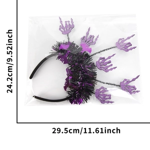 Halloween headband with purple skull hand and feathers including size dimensions