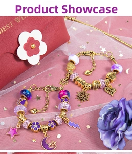 Detailed view of DIY charm bracelet set with pink beads and golden star pendants