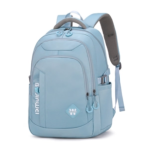 Light blue multi-pocket school backpack with ergonomic straps and brand logo on front