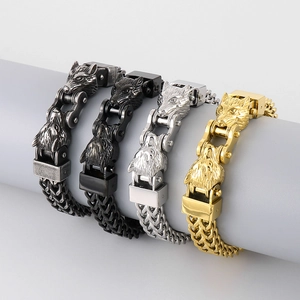 Détails de quatre bracelets tête de loup pour hommes en acier, tons argent, or et noir