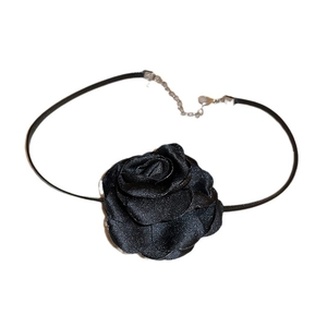 Elegant black fabric flower choker necklace with silk ribbon rose and silver chain