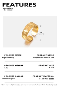 Detailed specs of adjustable gold smiley face ring made of durable stainless steel