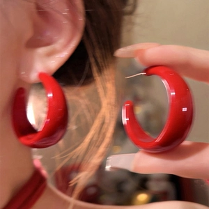 Boucles D'oreilles Créoles En Forme De C Épaisses Rouges En Acrylique Avec Tige En Argent Mode Rétro Pour Femmes