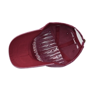 Internal structure of burgundy washed cotton baseball cap with New York embroidery