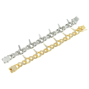 Hip hop cuban link necklace with spiked leaves and rhinestones in gold and silver
