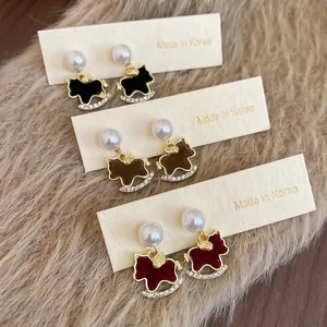Rocking Horse Dangle Earrings With Artificial Pearl Rhinestone Alloy And Silver Earring Post Vintage Animal Enamel Jewelry For Women Elegant