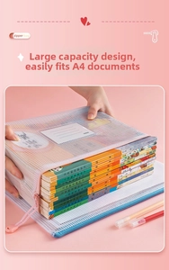 Detail of A4 mesh zipper bag showing large capacity for books and stationery