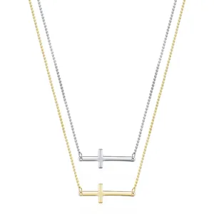 Minimalist S925 sterling silver horizontal cross pendant necklace in gold and silver