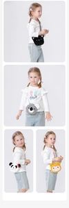Collage of four cute plush animal shoulder bags for kids featuring panda and lion designs