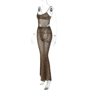 Detail of sheer leopard print mesh fabric on the camisole and flared trousers set