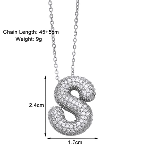 Detail of silver letter S balloon pendant with zircon stones and dimensions scale
