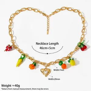 Gold stainless steel necklace with colorful 3D fruit pendants in a heart shape layout