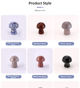 Detailed grid view of diverse natural stone mushroom carvings in various textures and colors