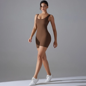 Detail view of deep brown athletic bodysuit showing premium high-stretch ribbed fabric texture