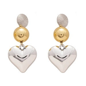 Chic two-tone geometric heart earrings with silver studs and golden bead accents