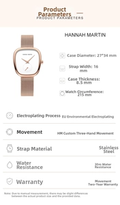 Details zur roségoldenen Milanaise-Uhr mit Abmessungen und Spezifikationen