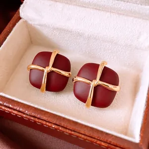 French vintage wine red square stud earrings with gold cross detail in luxury box