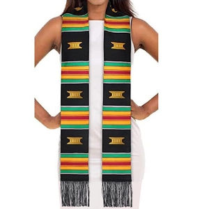 Close-up of black Kente graduation stole with vibrant stripes and fringe details