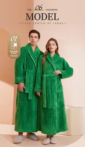 Detail of emerald green cashmere thickened robe with soft texture and waist tie design