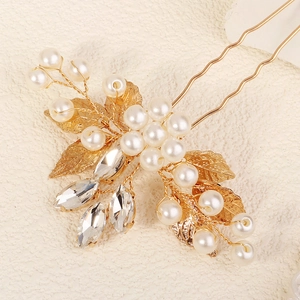 Vintage golden U-shaped hair pin with white pearls and sparkling rhinestone floral leaves