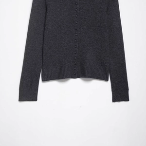 Charcoal gray knit cardigan with matching covered buttons and ribbed texture finish