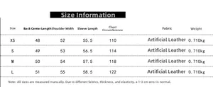 Size chart showing measurements for faux leather jacket with high collar and zipper