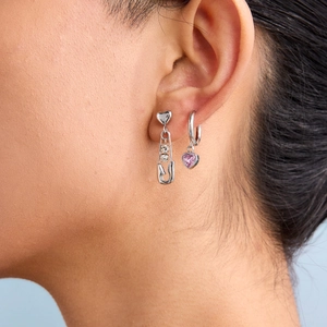 Silver stainless steel earrings set with pink heart gemstone and paperclip pendant